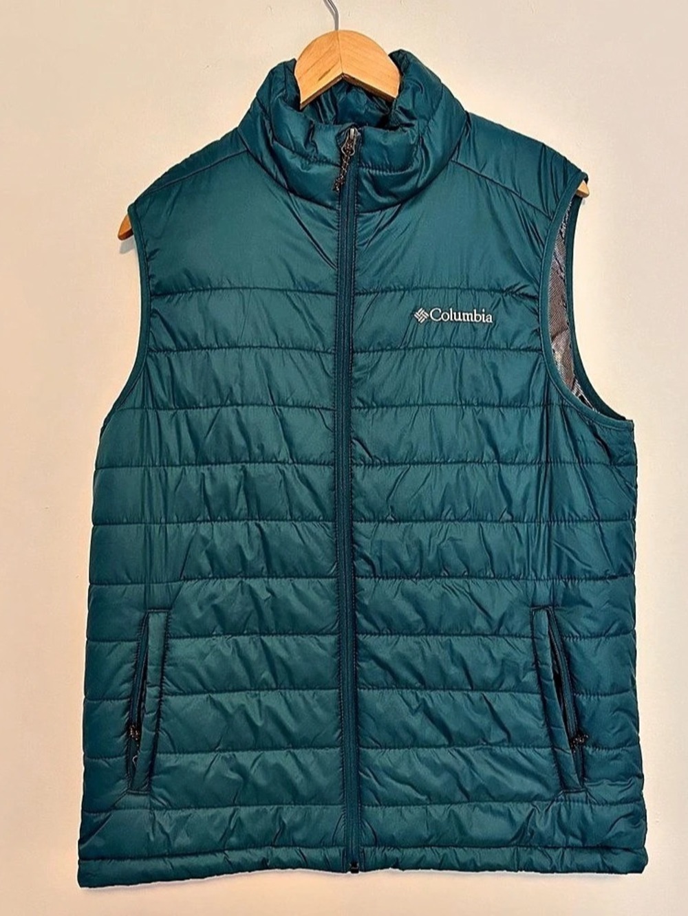Columbia Down Puffer Vest Mens M Teal Omni-Heat Infinity Full Zip Pockets